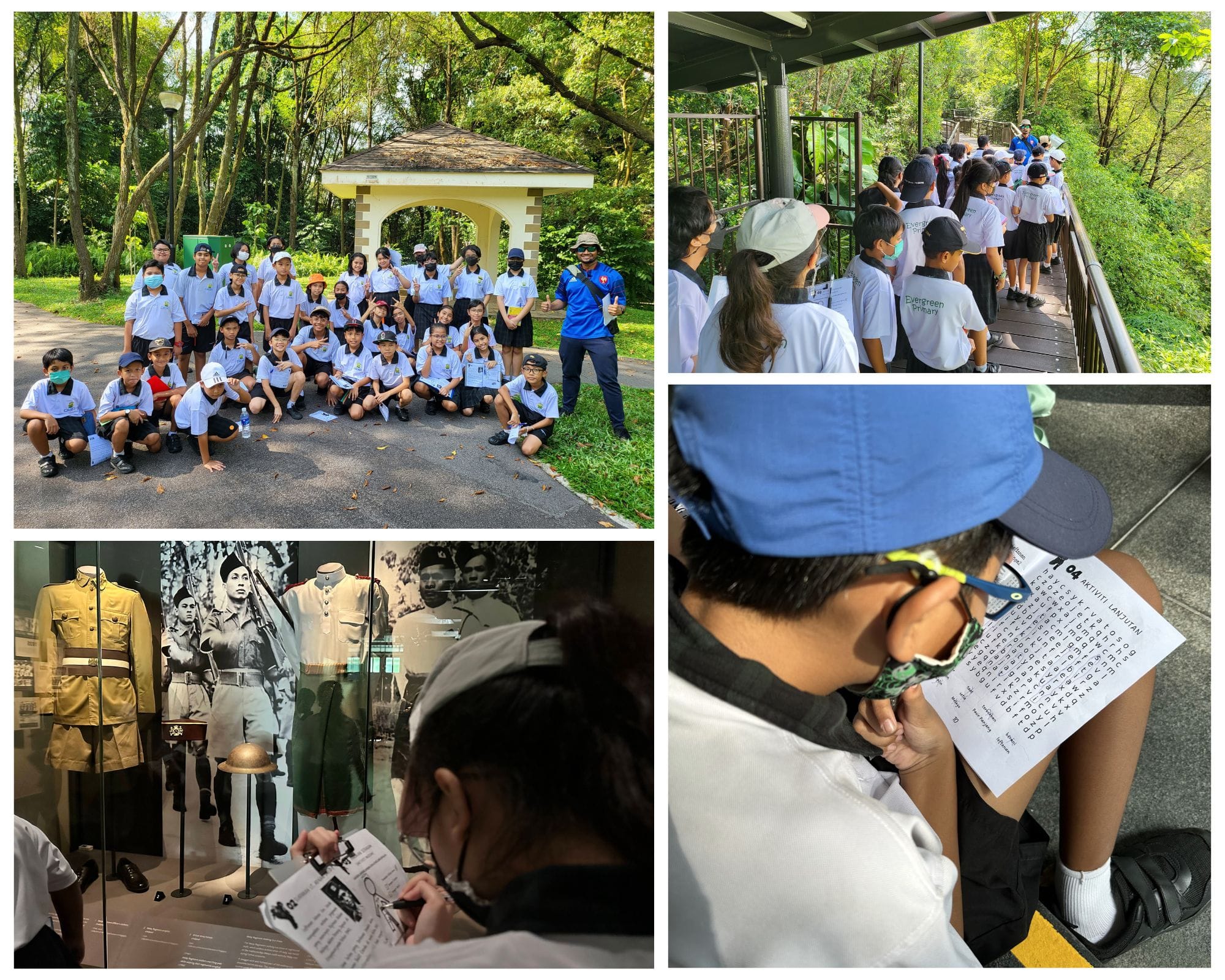 School students on a field trip: group photo outdoors, walking a boardwalk, viewing uniforms in a museum, and doing worksheets.